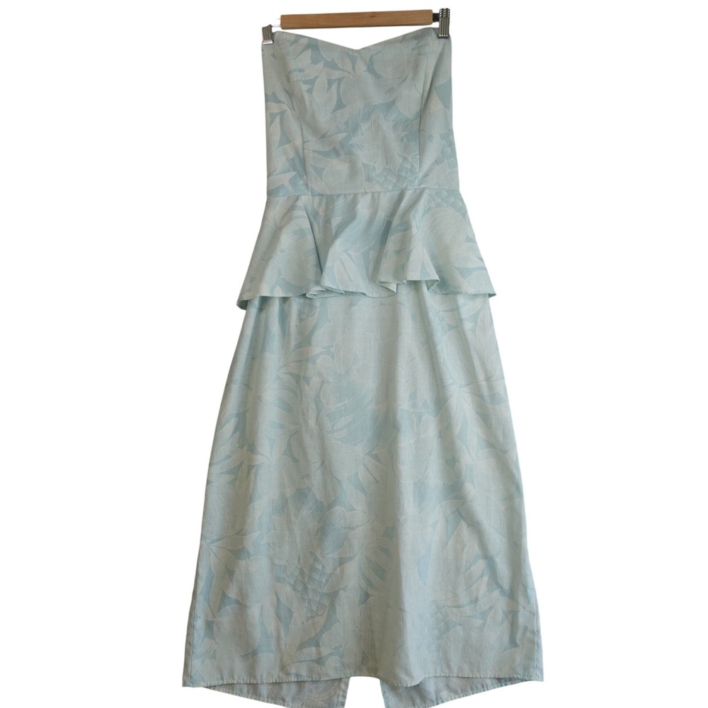Vintage Summer Dress 13 Blue Floral Strapless Peplum Open Back Retro Rockabilly